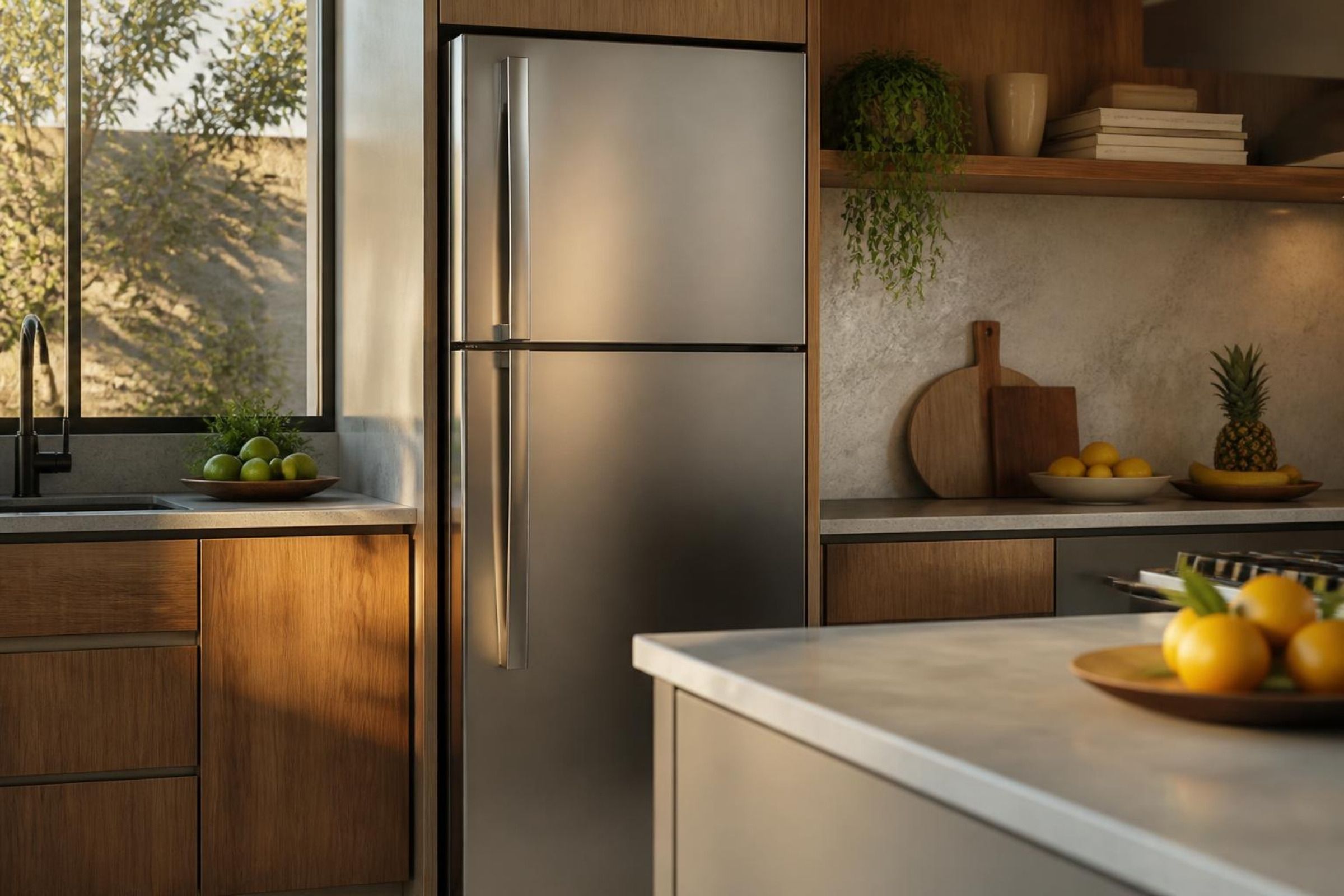 Cozinha com geladeira inox no fim da tarde